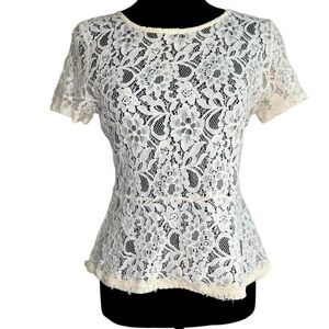 White Floral Lace Short Sleeve Peplum Top Size Large